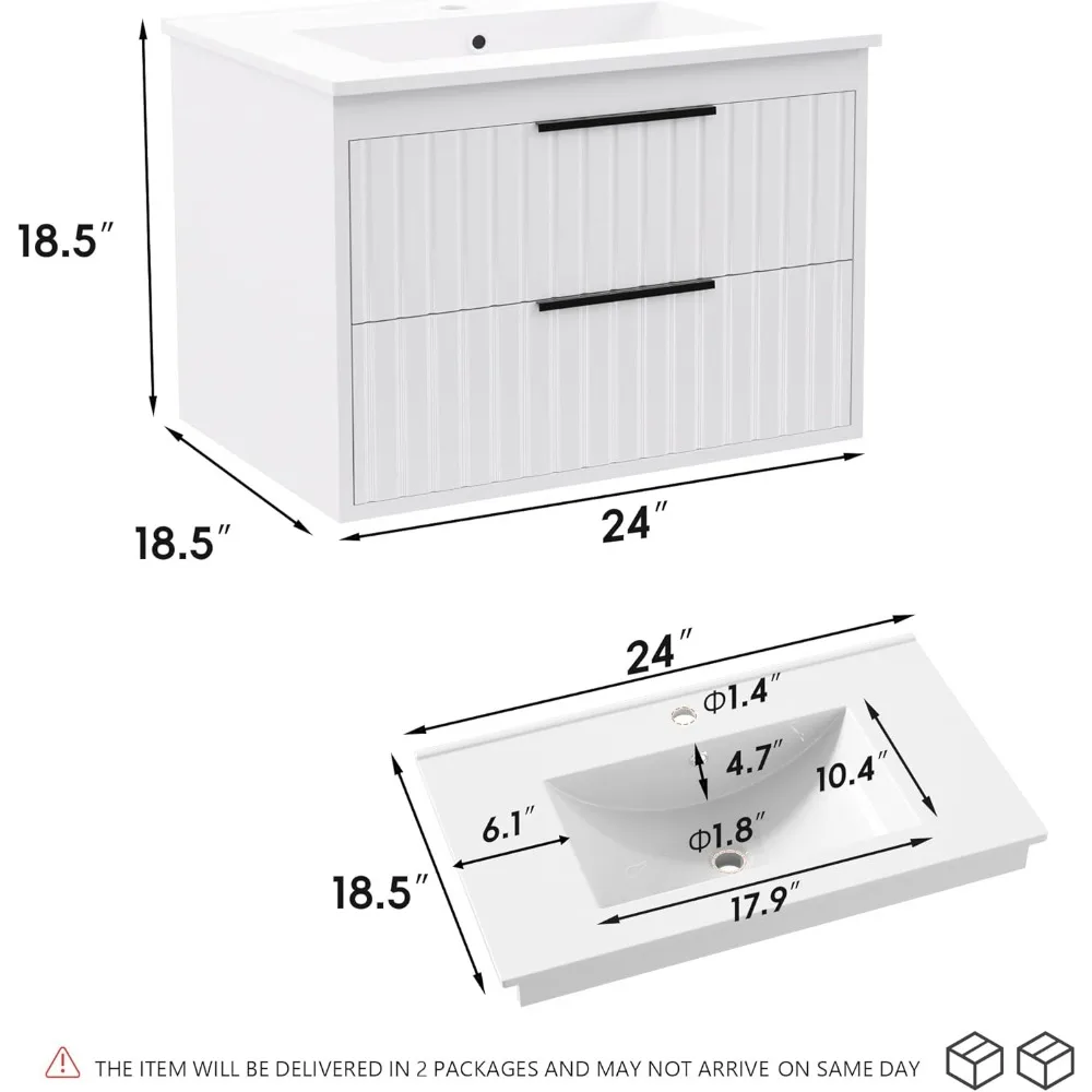 Meja Rias Kamar Mandi 24 "dengan Wastafel, Kabinet Wastafel Kamar Mandi Meja Rias Mengambang, Fungsi Soft-Close 2 Laci Besar