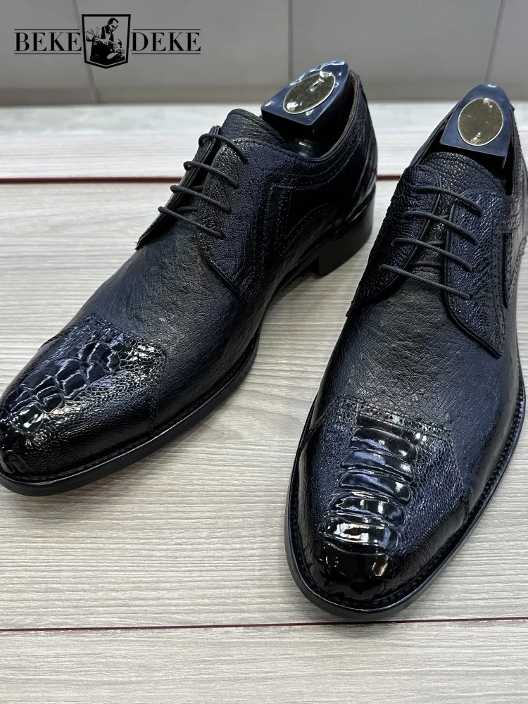 British Ostrich Leather Cross Tied Hard Wearing Platform Footwear Solid Color Genuine Leather Pointed Toe Mens Dress Shoes