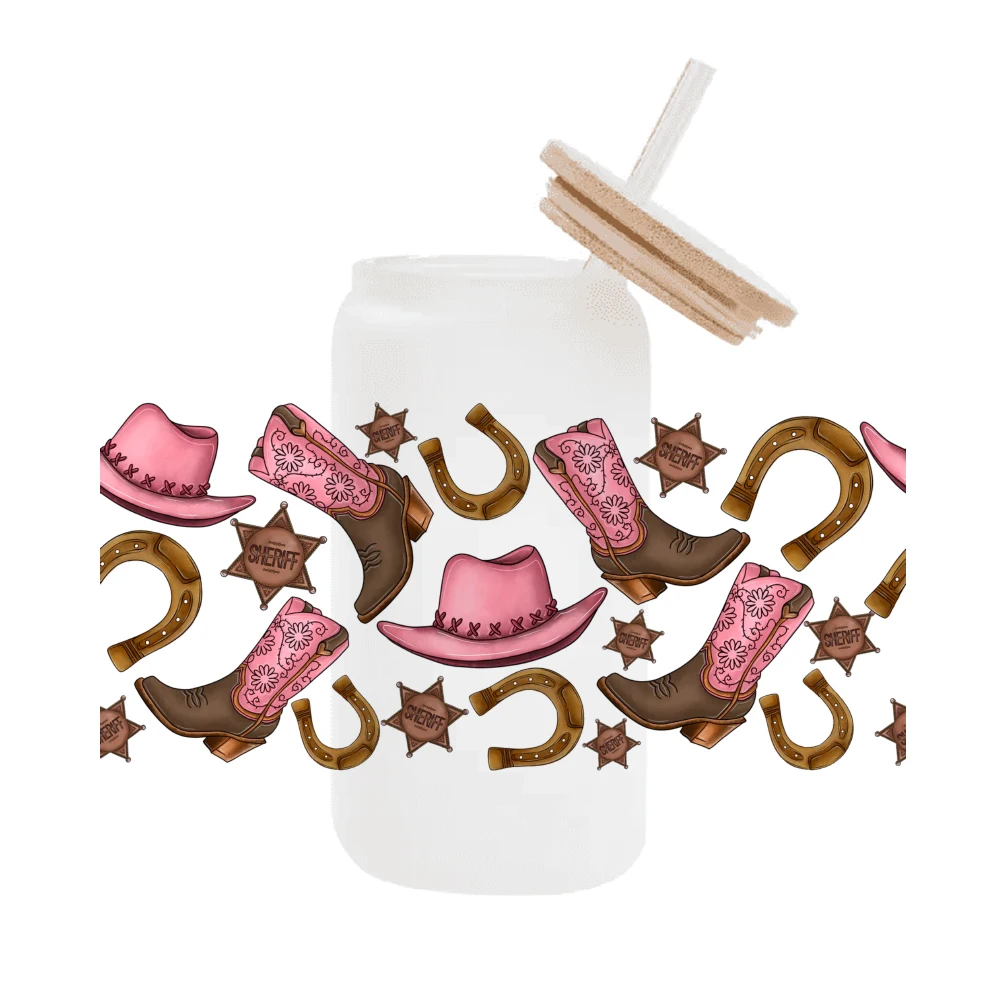 

Pink Cowboy Boots Western Pattern UV DTF Transfer Sticker Waterproof Transfers Decals For 16oz Glass Cup Wrap Stickers