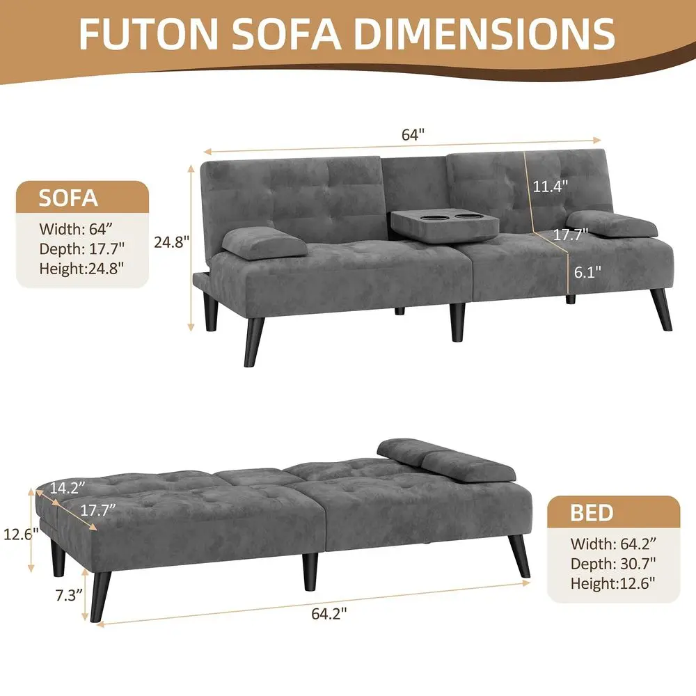 

Futon Sofa Bed, Velvet Foldable Couch, Reclining Sleeper with Removable Armrests, Upholstered Loveseat Sofa Couch with Folding