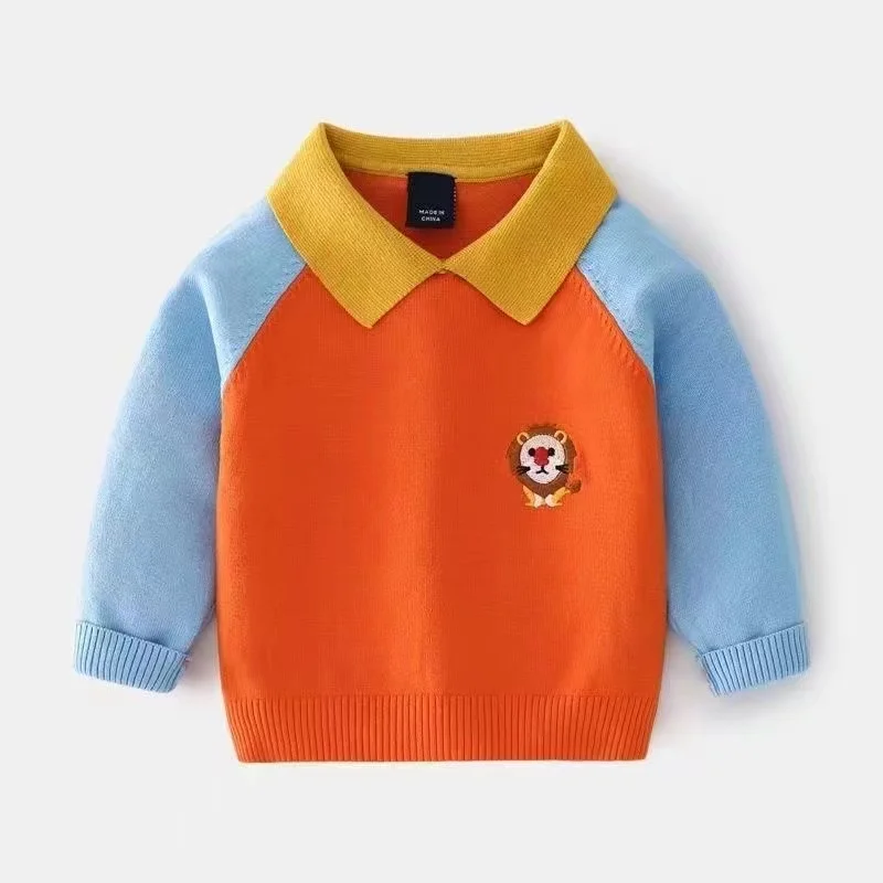 Kids Boys Polo Neck Sweater Thin 2024 New Spring Autumn And Winter Children\'s Sweater Pure Cotton Jersey Baby Knitted Top