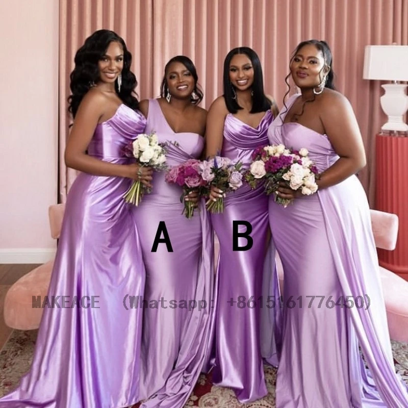 Lavender Bridesmaid Dresses Mermaid Spaghetti Straps Floor Length Silk Satin Pleated Bridesmaid Gowns Lace Up Back Customized