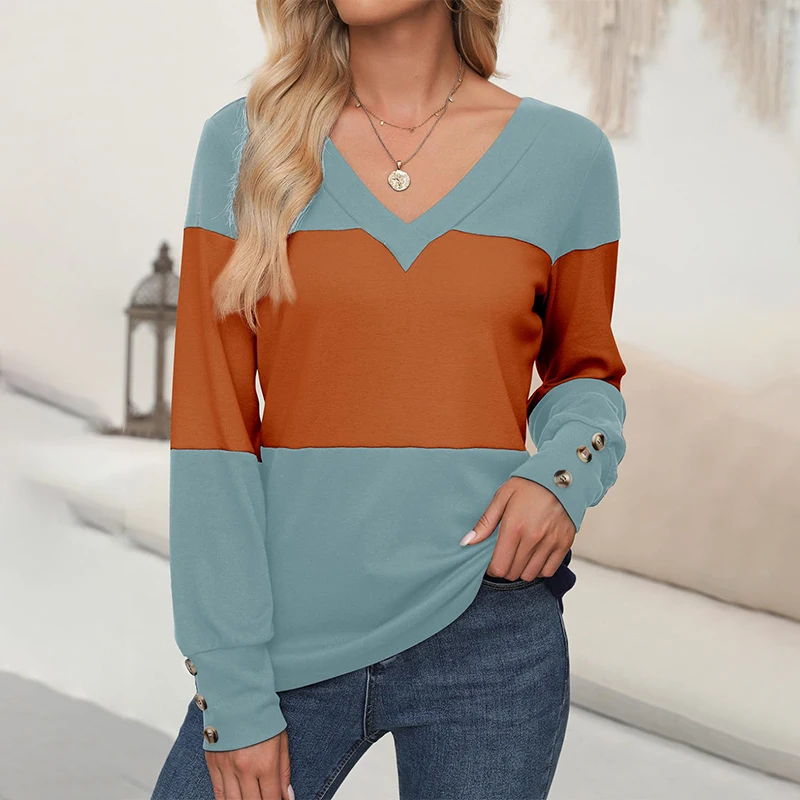 

Spring autumn casual contrast colot stripe long sleeve T-shirt women's V-neck lightweight daily commuting pullover with button