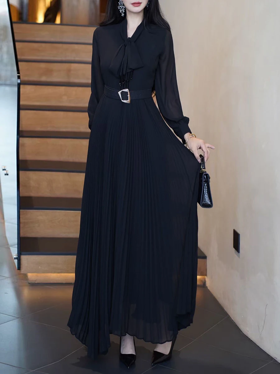 Robe longue plissée transparente VGH Purplered pour invitées de mariage, avec nœuds décoratifs au col, effet amincissant, idéale pour dîners de luxe