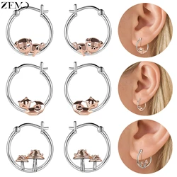 ZEMO 1 Pair 925 Sterling Silver Hoop Earring For Women Girls Cute Rose Gold Color Pig Mushroom Round Earrings Ear Jewelry 14MM