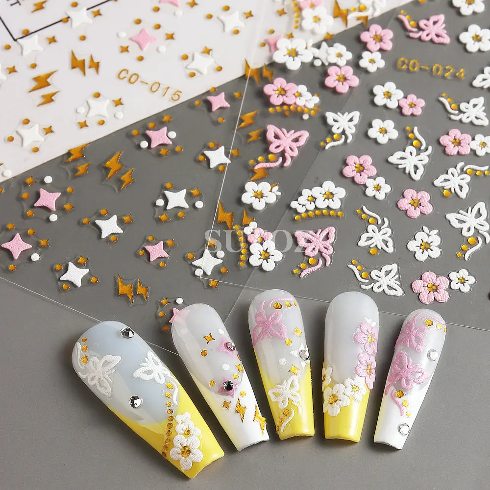 3D semplici fiori adesivi per unghie oro argento cuore stella punta francese linea Nail Design Y2K Manicure floreale fata Nail Decal LEBCO-24