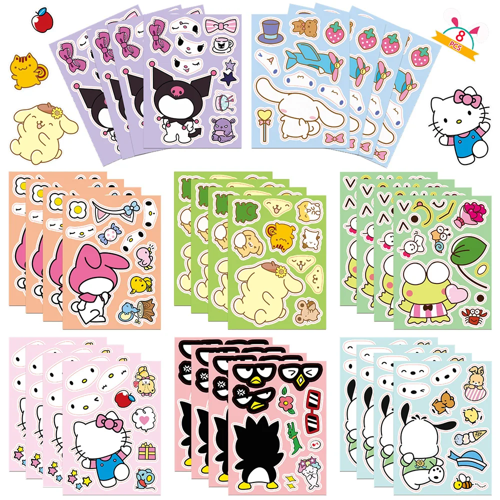 

8/16Sheets Cute Sanrio Kuromi Hello Kitty Children Puzzle Anime Stickers Make-a-Face Children Assemble Jigsaw Educational Toys