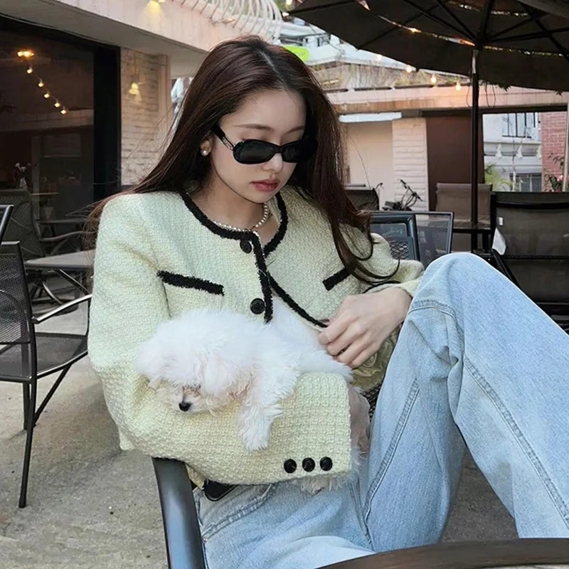 

Trendy Coarse Tweed Weave Round Neck Short Single breasted Coat Women's Autumn New Small Fragrance Versatile Suit Jackets