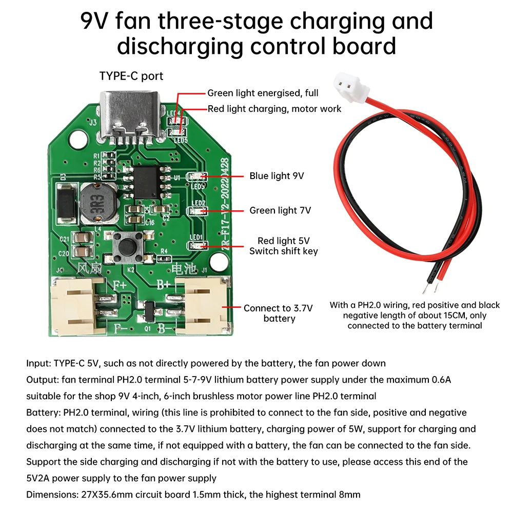 9V 0.6A Fan Motor Speed Controller Board Type-C Rechargeable Small Fan Circuit Control Module Electrical Equipment Governor