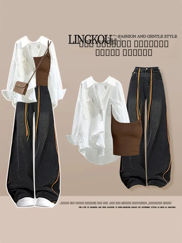 

Модный осенний комплект больших размеров для женщин: джинсовый костюм-тройка с эффектом омоложения, топ на бретельках и джинсы с высокой талией, скрывающие недостатки фигуры