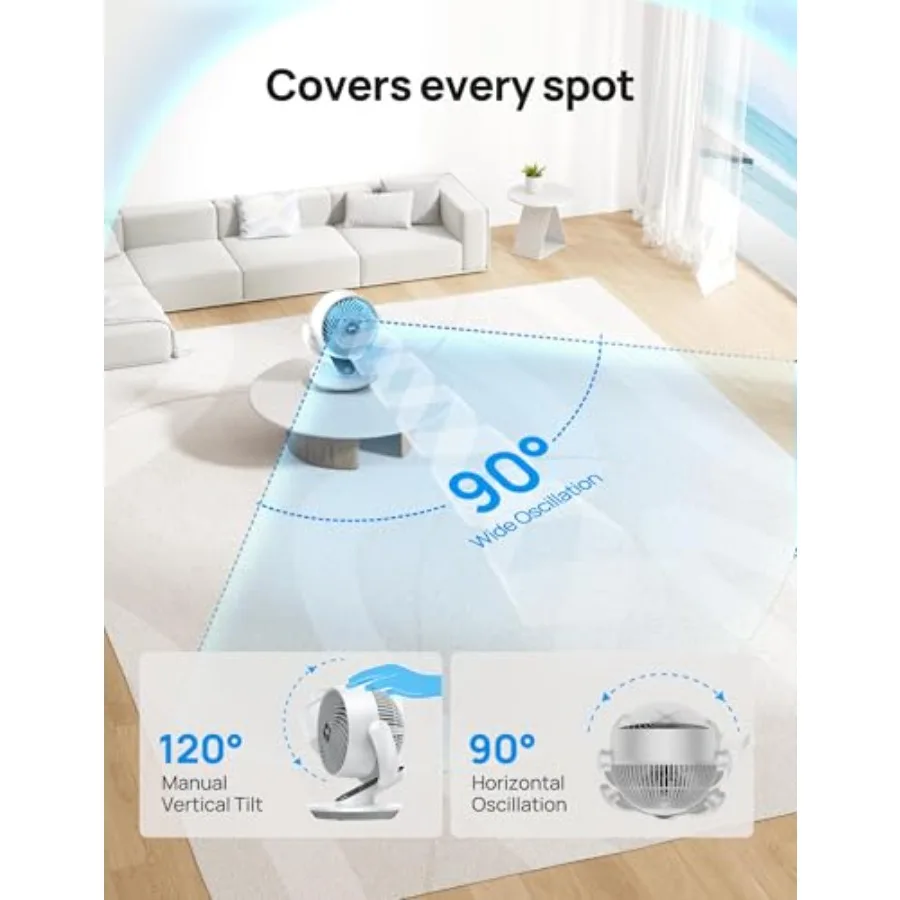 Bedroom smart fan, ABS plastic, white, voice-controlled quiet air circulator with 120 vertical and 90 oscillation, 13-inch heig