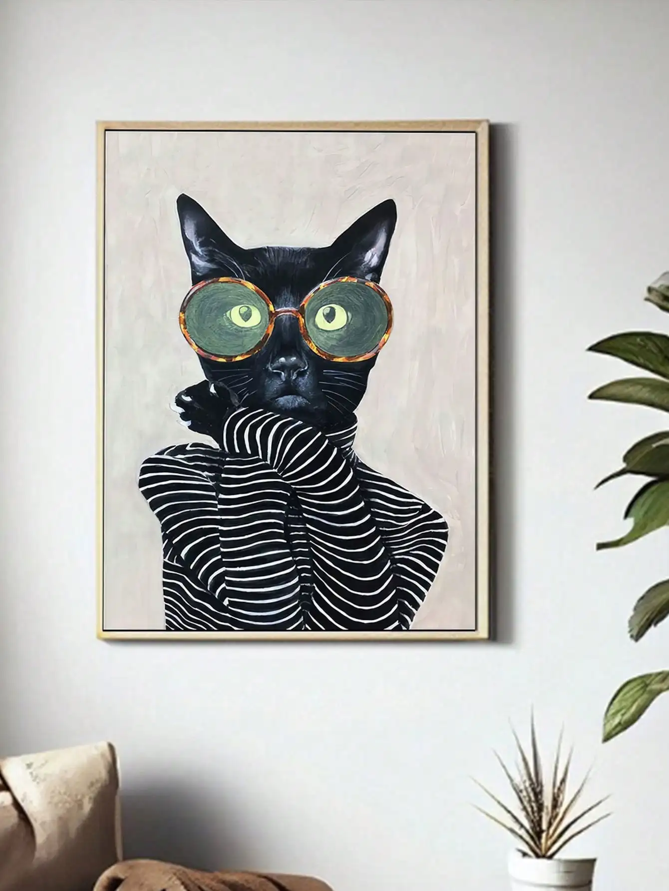 Home Decor Collection Fashionable Cat Striped Shirt and Round Glasses Cat Canvas Wall Art Living Room Wall Art, Unframed