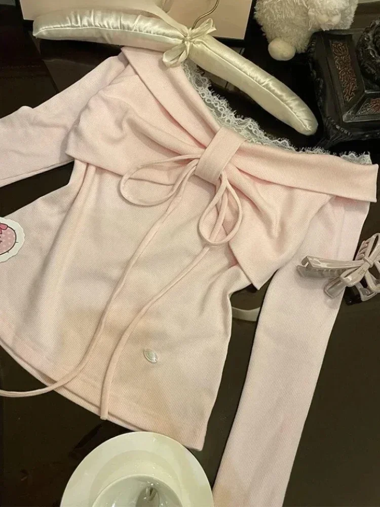 اليابانية الحلو كم طويل المرأة سليم القمم أنيقة شيك القوس قبالة الكتف تي شيرت تقليدي لطيف الدانتيل يصل تنورة الفرنسية 2025 الربيع