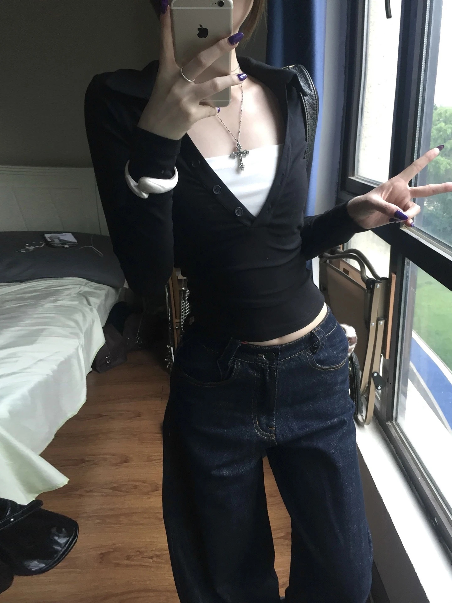 Genayooa American Retro Fake Two Pieces Tops Long Sleeve Skinny Y2k Japanese T-shirt Women Autumn 2000s Grunge Tops Tee E-girls