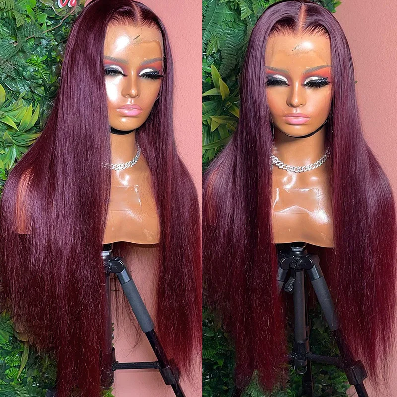 

99J Burgundy Red Lace Front Human Hair Wigs Colored 13x6 HD Lace Frontal Wig Bone Straight Human Hair Remy Hair Wig for Women