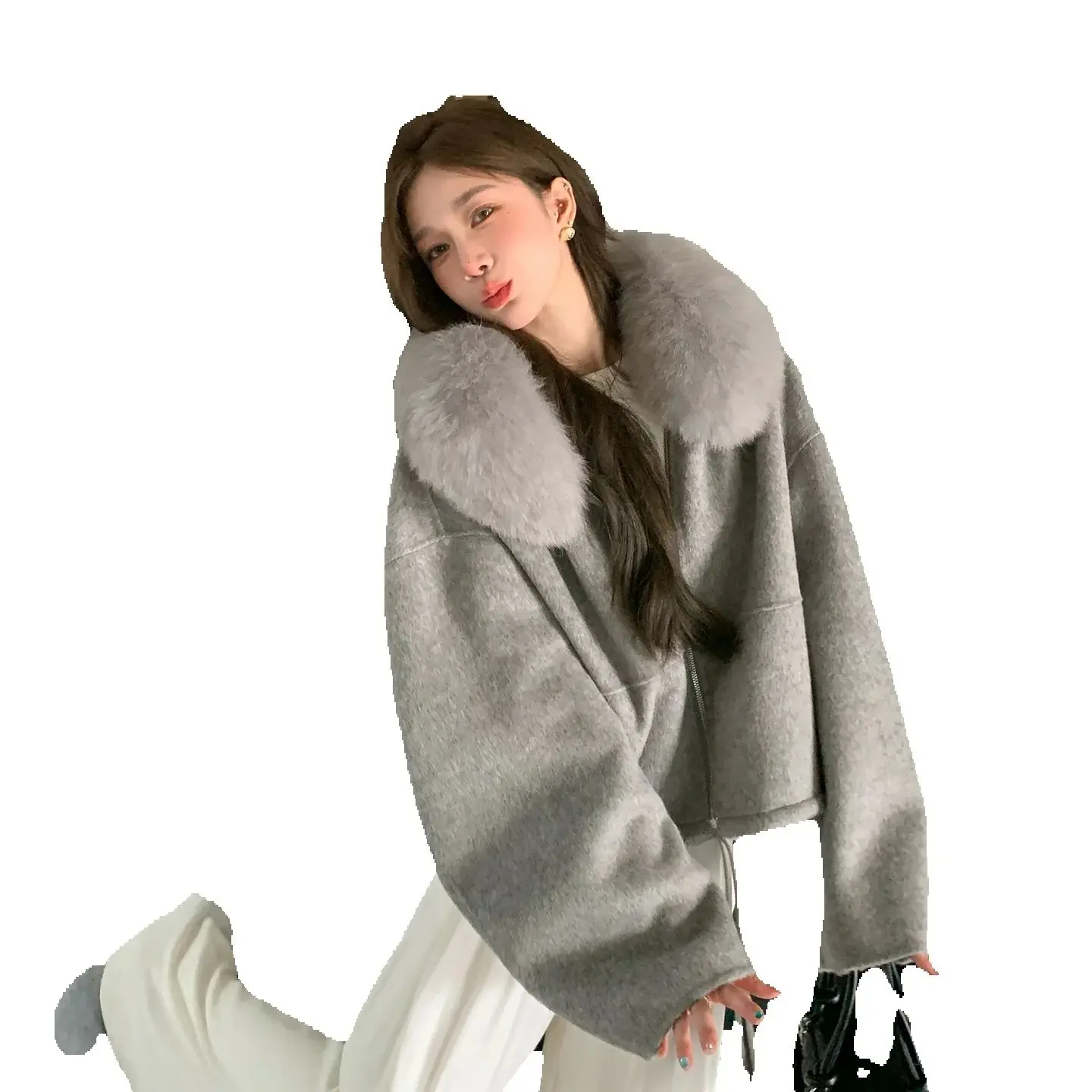 

Новинка 2025 года, двустороннее кашемировое пальто в ленивом стиле со шляпой, 100, шерстяная накидка из лисьего меха для женщин