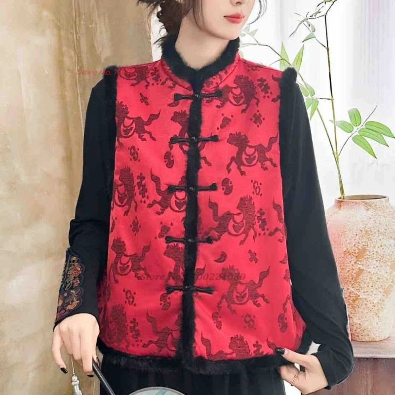

Китайский винтажный жилет 2025 года, традиционный атласный жаккардовый жилет с хлопковой подкладкой, винтажный народный жилет с воротником-стойкой, куртка без рукавов в стиле ретро