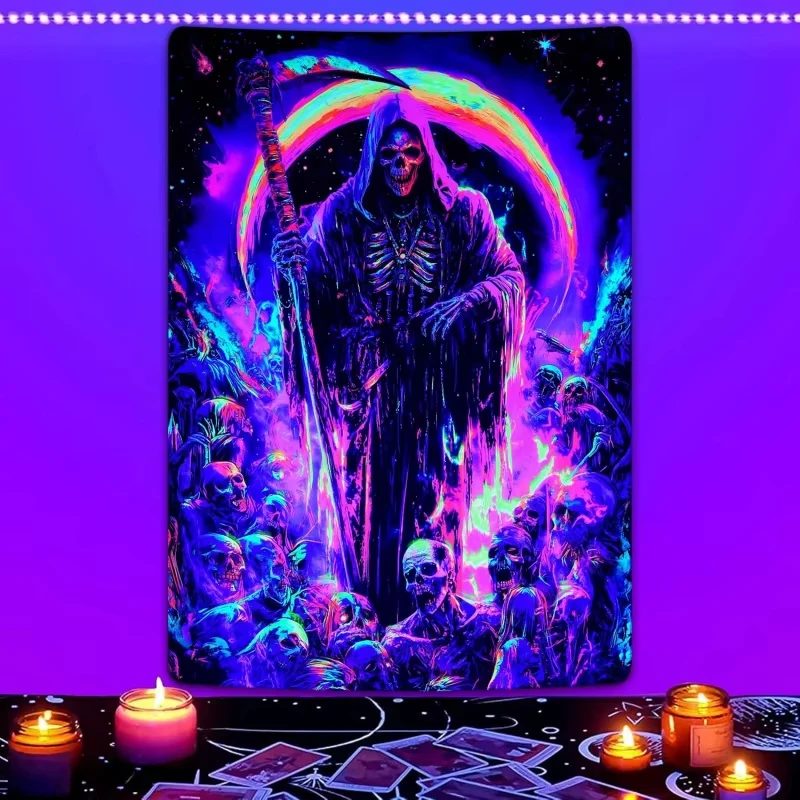 VIKAMA Neon Gothic Tapestry Death Totem Cosmic Skeleton Army Magic Waterfall Mountains Gaming Room Music Studio