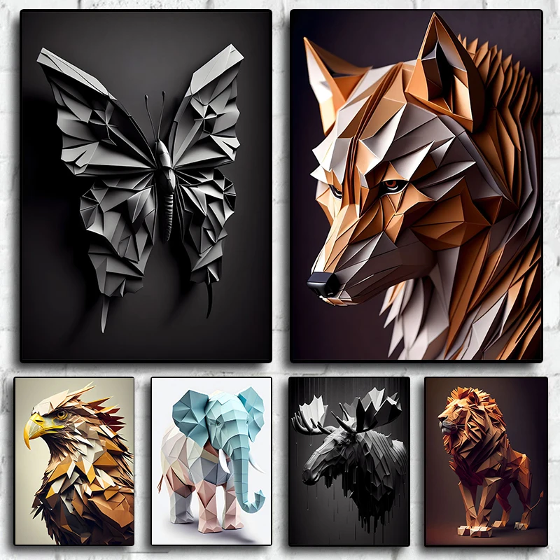 Animal Origami Art Posters Abstract Canvas Painting Wall Print Lion Butterfly Elephant Reindeer Picture Living Room Home Decor