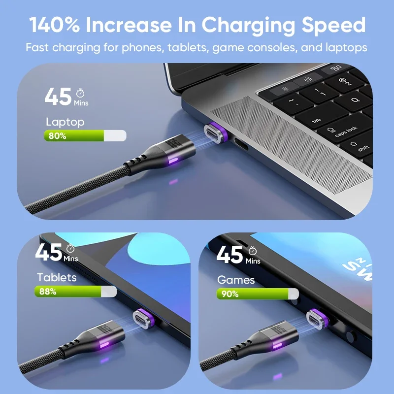 AUFU 마그네틱 C타입 케이블, 맥북 PC 5A 초고속 충전 자석 USB-C 충전기 데이터 코드, 아이폰 삼성 샤오미, PD240W