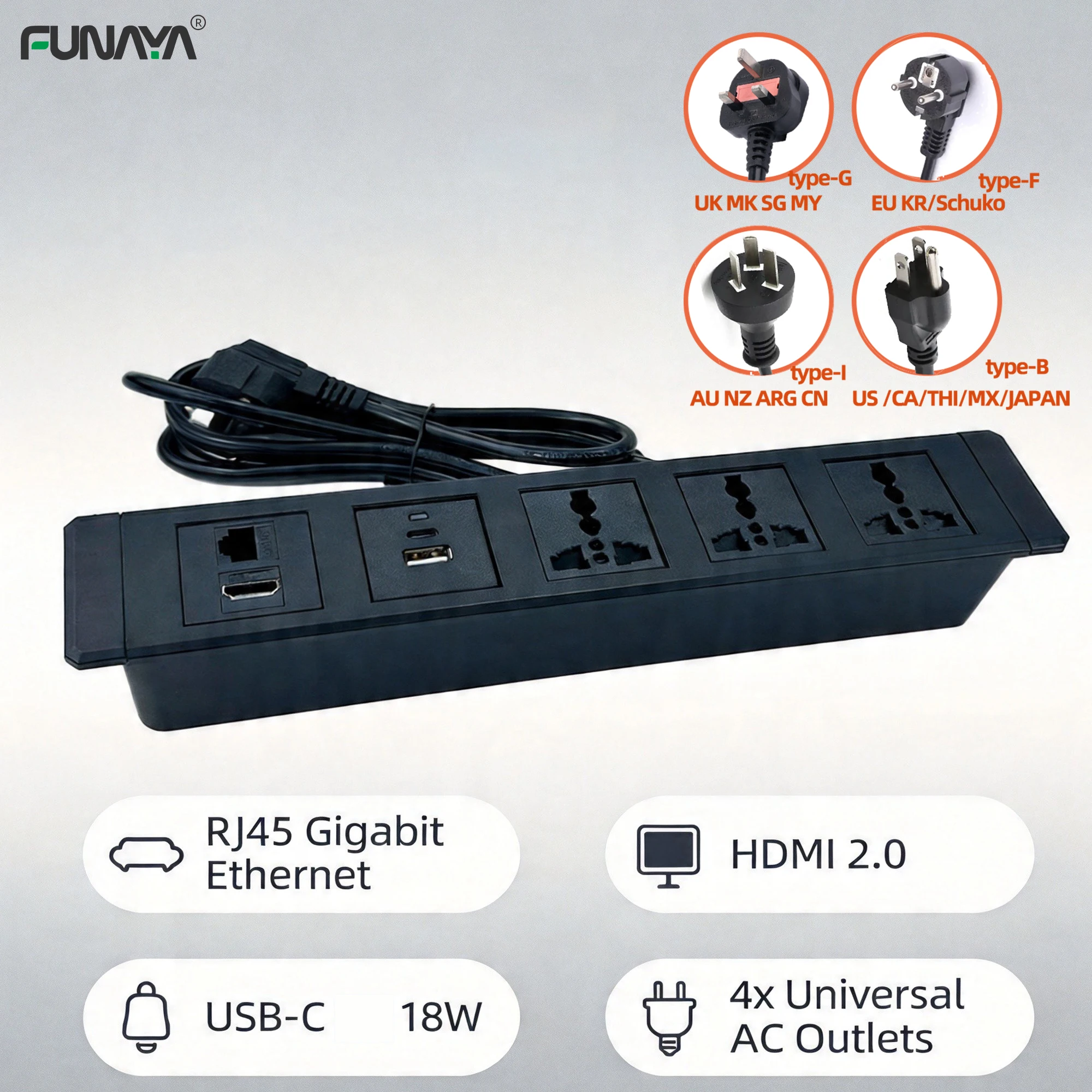 FUNAYA Built-in Desktop Electrical Universal Socket Ethernet RJ45 HDMI UK EU AU US Multi-plug with USB Hidden Furniture Sockets