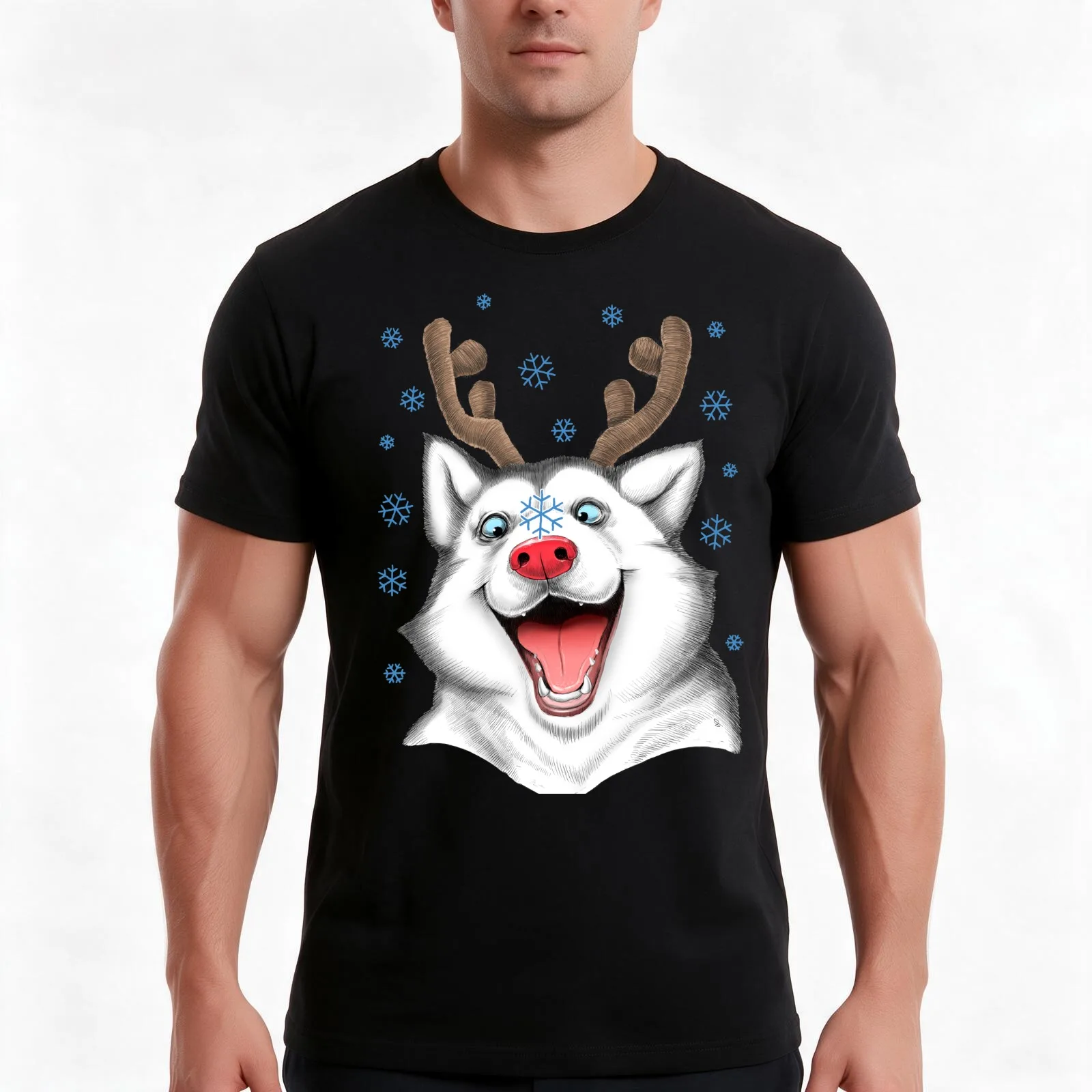 Husky Rudolph T-Shirt, Summer Casual Cotton Tee, Oversized Streetwear Tops, Vintage Graphic Print, Loose Fit Short Sleeve