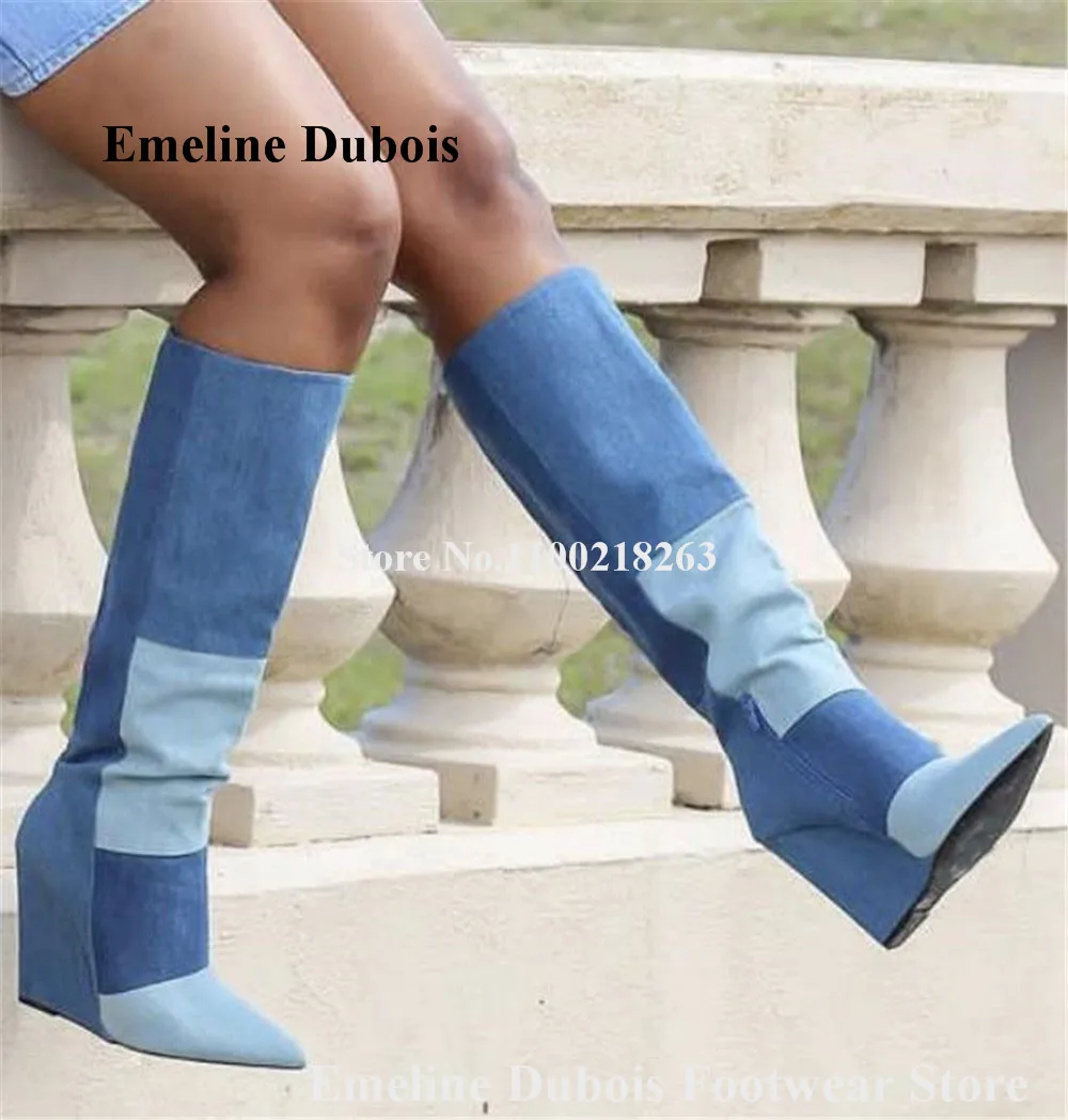 

Newest Fashion Blue Denim Patchworck Wedge Boots Emeline Dubois Pointed Toe Unique Knee High Wedges Western Jean Long Boots