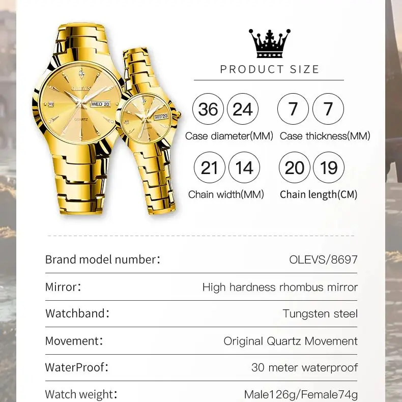 นาฬิกาทองแบรนด์ชั้นนำของ OLEVS สำหรับผู้ชายผู้หญิงนาฬิกาข้อมือโลหะทังสเตนสองปฏิทินทรงสี่เหลี่ยมขนมเปียกปูนกันน้ำ