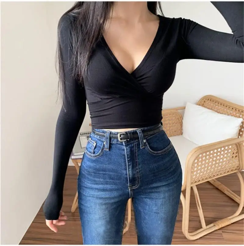 Y2K Sexy Long Sleeve Crop Top Women Clothing 2023 New Autumn Basic V-Neck T Shirt Casual Streetwear Skinny Slim Clothes