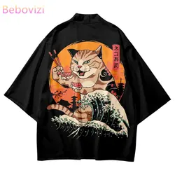 New Arrival Japanese Style Cat Print Traditional Kimono Men Yukata Cardigan Cosplay Haori Oversized Streetwear Samurai Tops