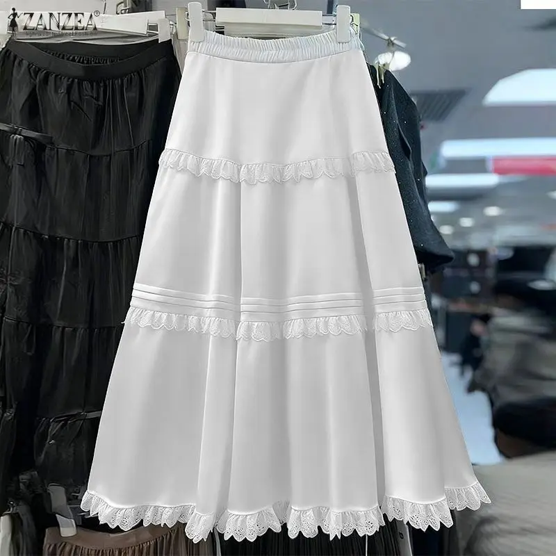 ZANZEA Fashion Long Skirts Women High Waist Ruffled Maxi Bottoms 2026 Summer Casual Loose Solid Elastic Waist Jupes Faldas Saia