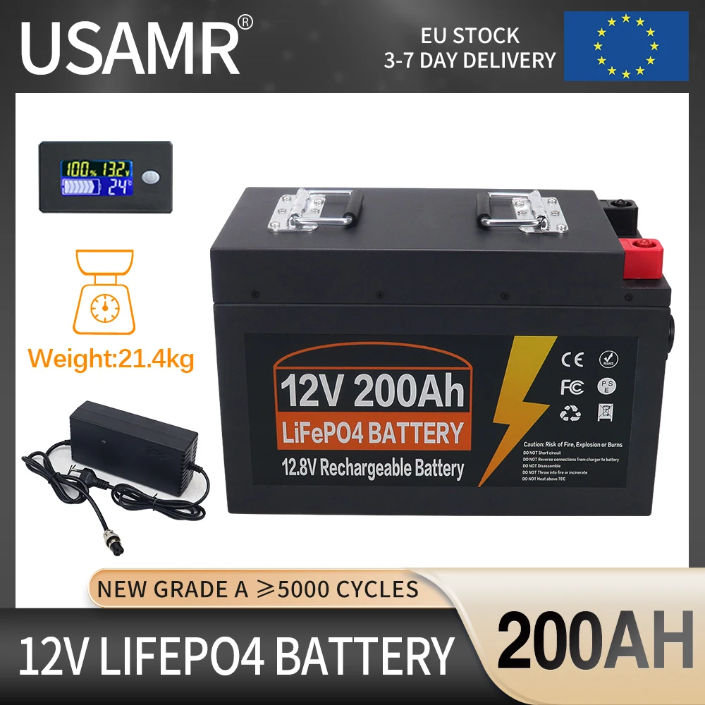 12V LiFePO4 Battery 200Ah 150Ah Built-in BMS Lithium Iron Phosphate Cells Pack 5000 Cycles For Golf Cart Solar Storage + Charger