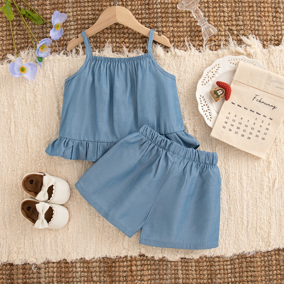 Summer New Beach Party Baby Girl Two-Piece Set, Blue Sling Top+Shorts Children'S Clothing For Babies Aged 9 Months To 4 Years