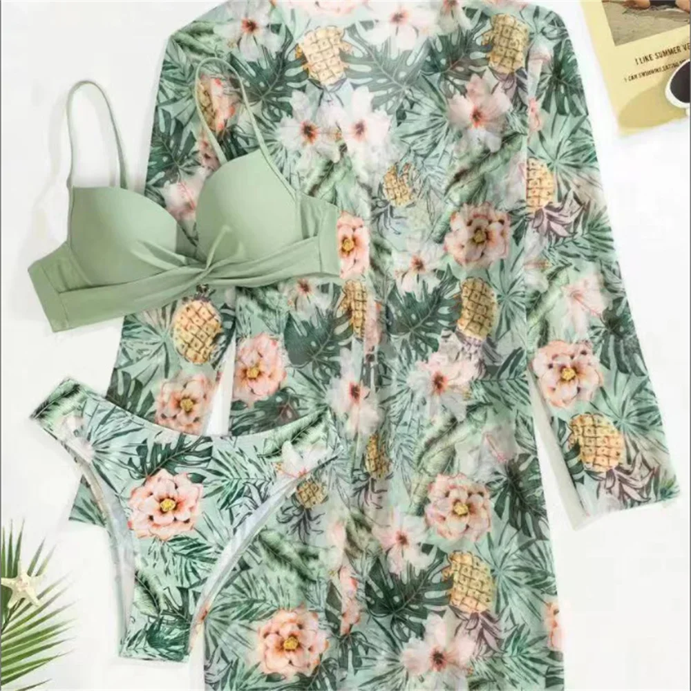 Bloemenprint Bikini Badpak Strand Cover-Up Vakantie Badmode Push Up Badpak Dames Trend 3-delige Outfit Biquinis Feminnino