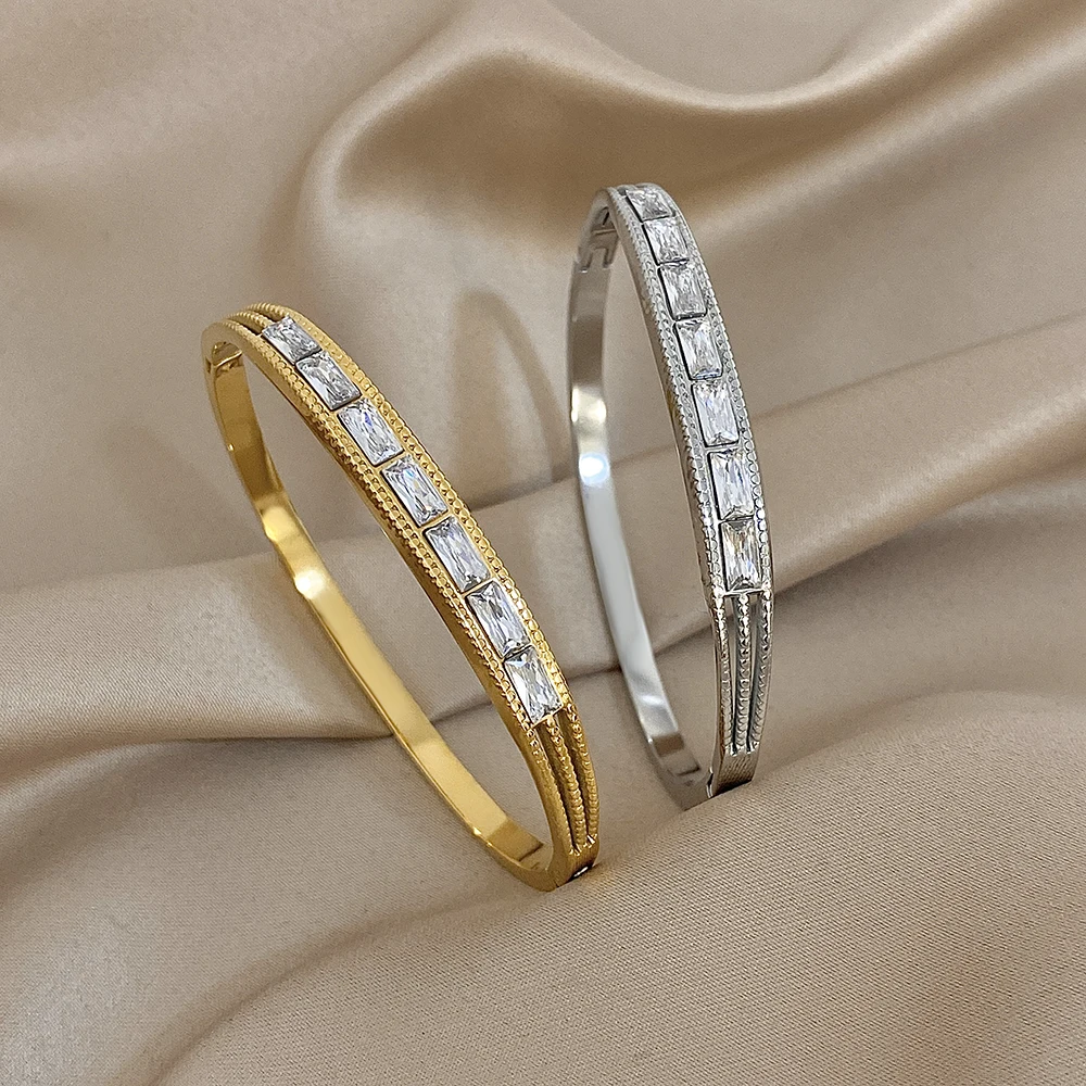 

Exquisite Shiny Zircon Stainless Steel Bracelets for Women Luxury Stackable Round Cuff Bracelet Waterproof Open Bangle Jewelry