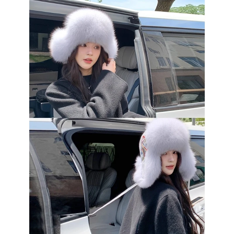 Women's Luxury Genuine Sable Fur leifengHat Bucket Caps Lady Fashion Fox Fur Trimming  Fur Hats Warm Soft Fluffy