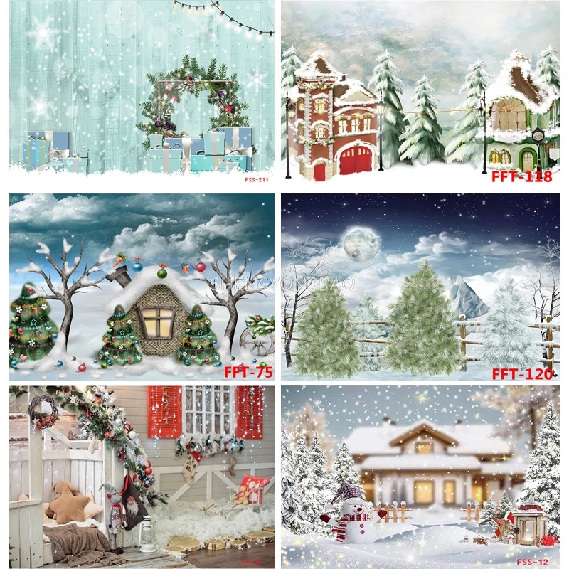 

Vinyl Christmas Day Photography Backdrops Snowman and Pine Trees Forest Garland Theme Photo Studio Background FSS-116