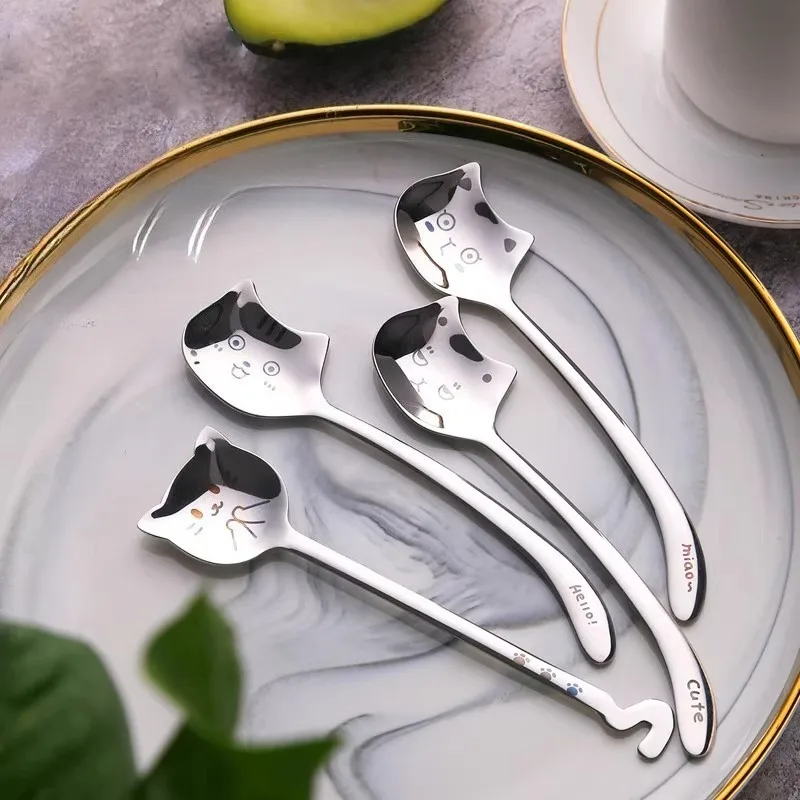 1PC interesting coffee tea spoon long tail cat shape long handle dessert spoon birthday gift tableware 304 stainless steel