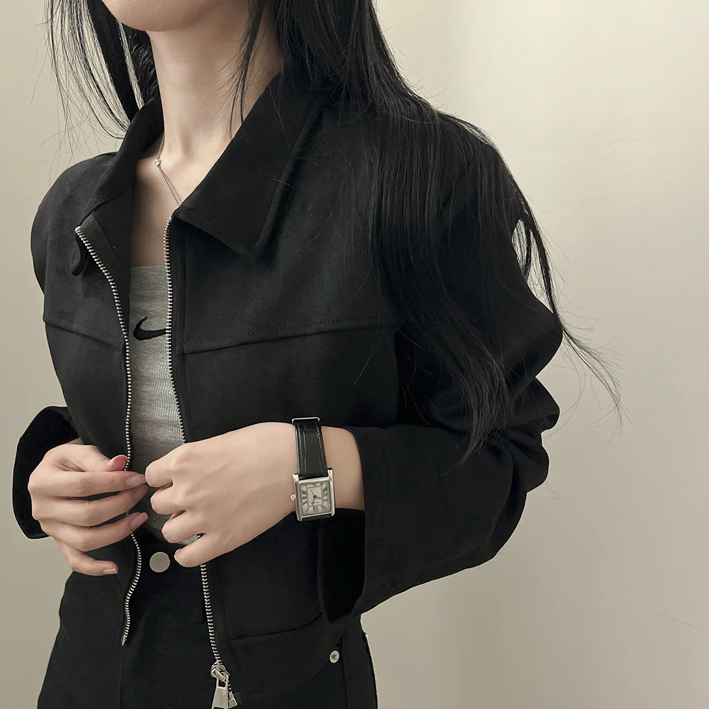 Schicke Vintage-Lederjacke mit Samtbesatz, langem Ärmel, Reißverschlusskragen, Damenmode, schlanke Passform, einfarbig, Oberbekleidung