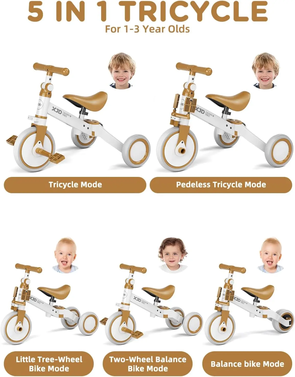 5 in 1 Toddler Bike, Tricycle for Toddlers 1-3 with Adjustable Seat Height, Removable Pedals, Ideal Balance Bike Birthday Gifts