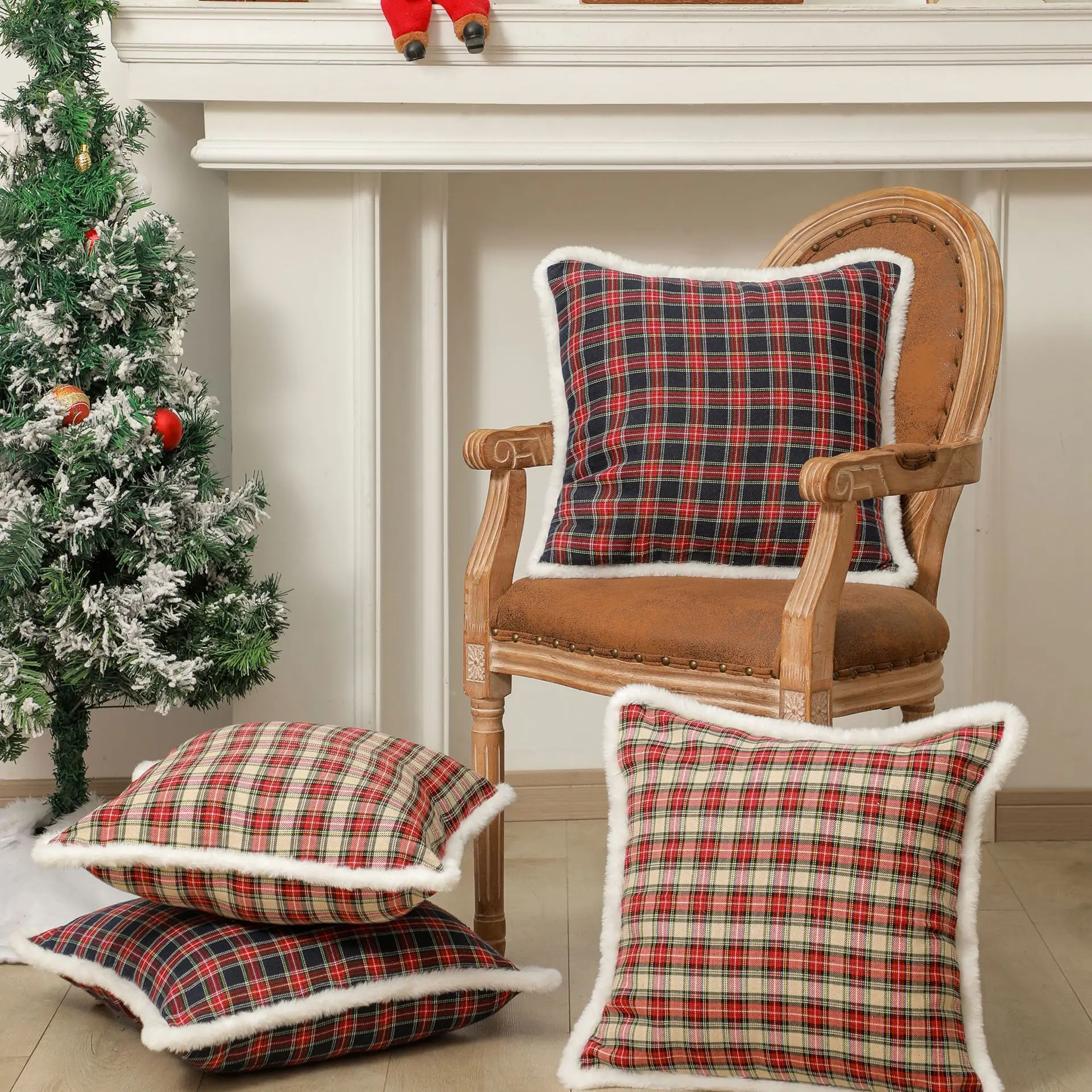 

Christmas Red Plaid Decorative Cushion Cover White Plush Edge Pillowcase for Living Room Sofa Bedroom Soft Pillow Cover