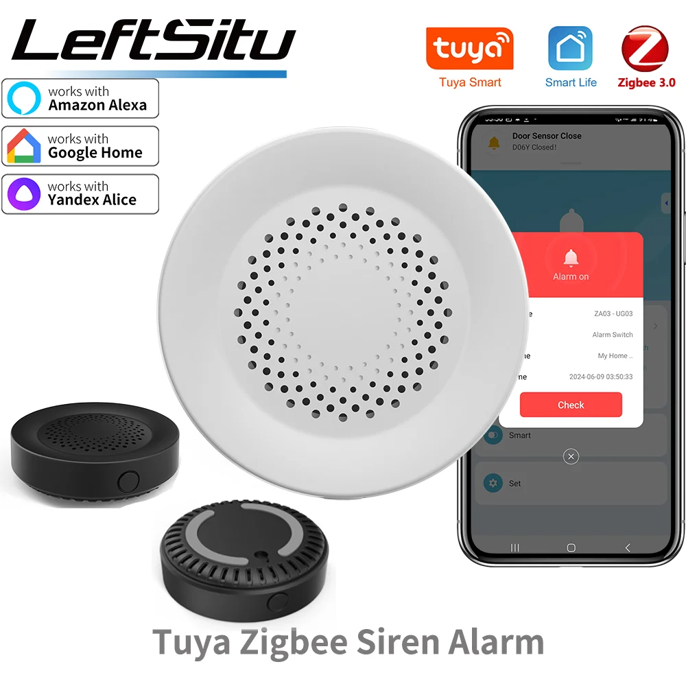 Syrena alarmowa Tuya Zigbee dla inteligentnego bezpieczeństwa w domu Głośnik 100 dB współpracuje z Alexa Yandex Alice Wymaga koncentratora Tuya Zigbee.