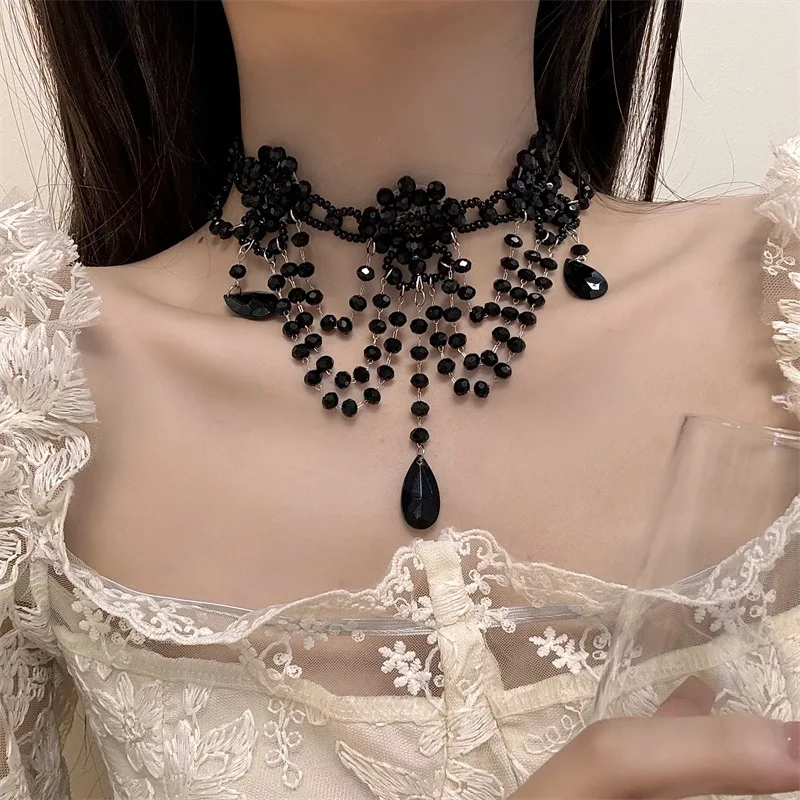 Necklace Women\'s Artificial Crystal Material Acrylic Handmade Beaded Court Vintage Woven Black Transparent Ribbon Tassel