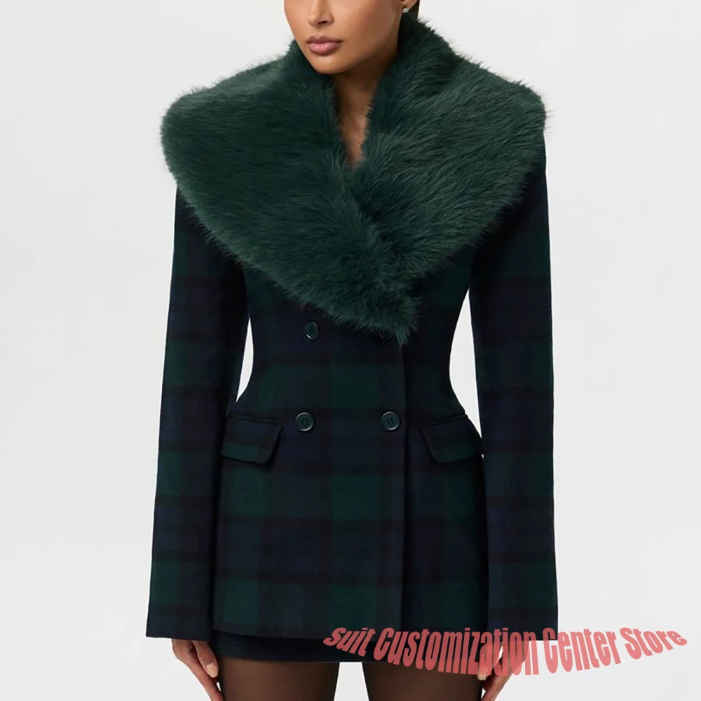 Dark Green Plaid Double-Breasted Blazer Women's Faux Fur Two Piece(Jacket+Pants) Stylish Evening Party Cocktail Event Outerwears