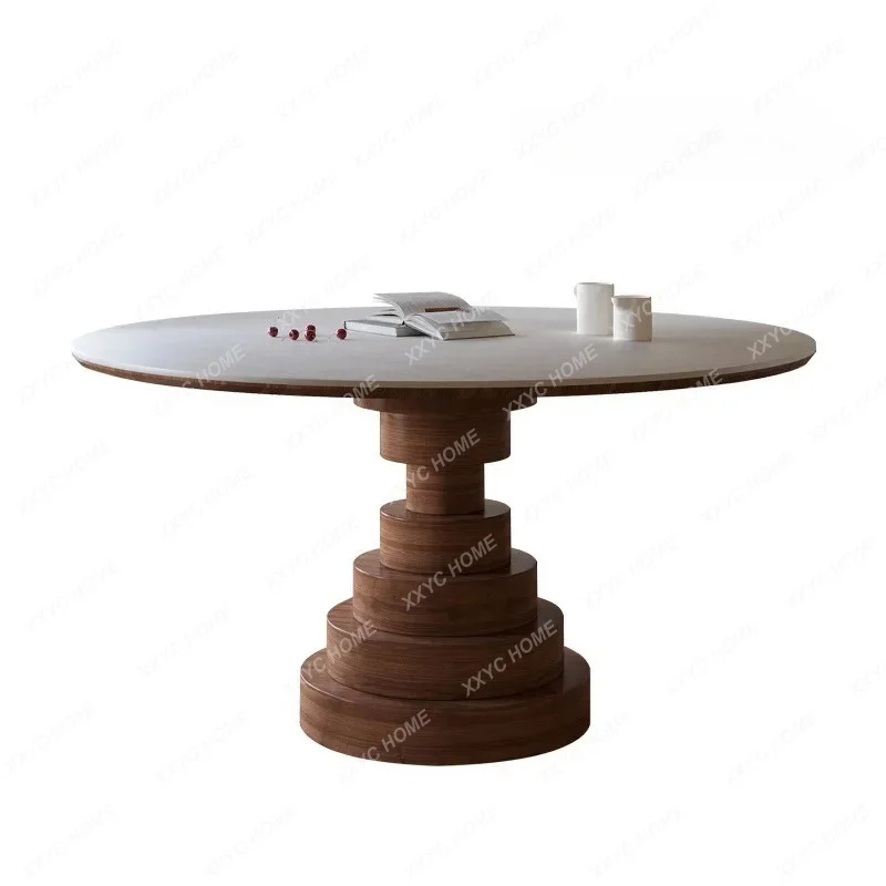 XX XHigh-end Solid Wood Round Dining Table With Turntable Wabi Antique Walnut-colored Travertine Rock Slab Round Table