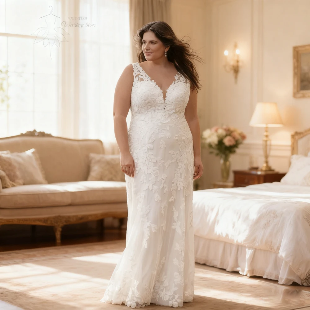 

Classic Mermaid Wedding Dresses Plus Size V Neck Sleeveless Bride Gowns Appliques Back Button Floor Length Tulle Robe De Mariee