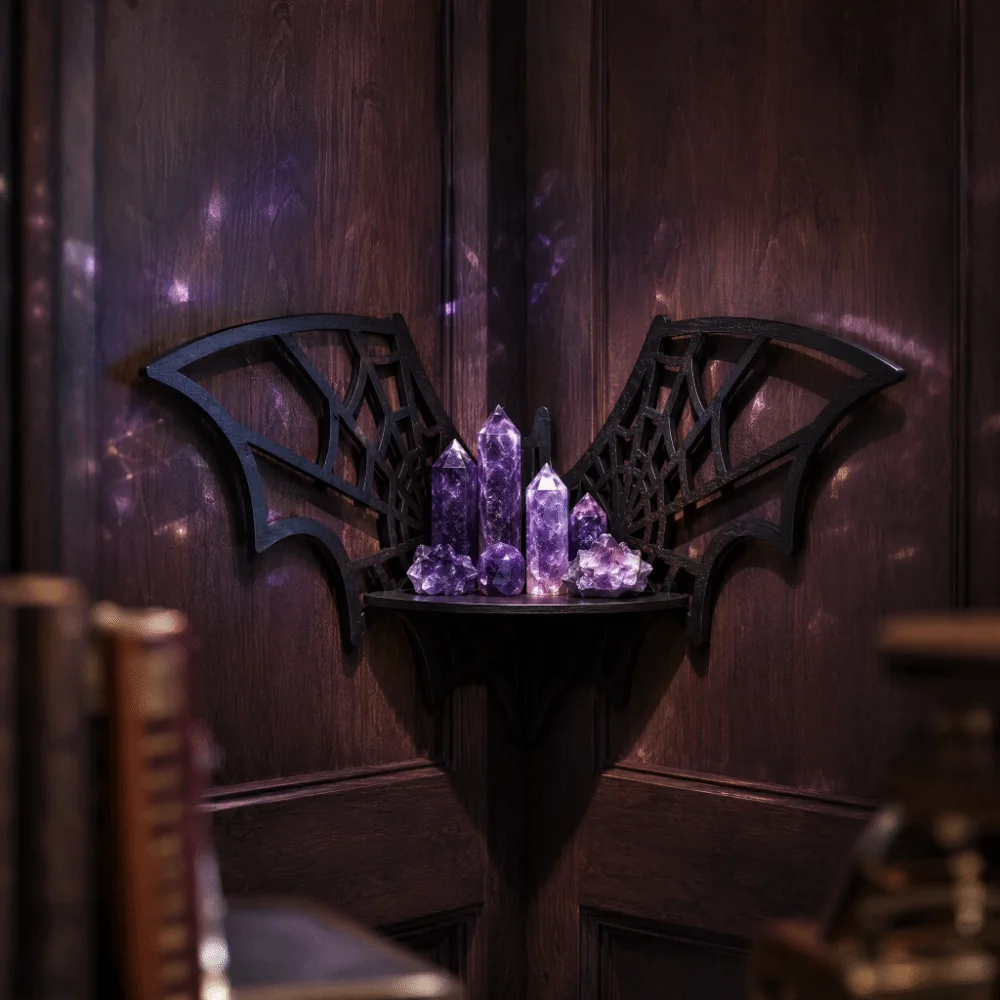 Wooden Bat Corner Shelf Black Wall Mounted Floating Storage Shelf Creative Shape Hollow Pattern Wall Display Shelf Home Decor