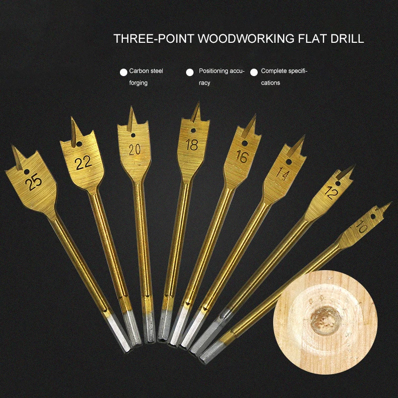 6pcs 10-25mm Woodworking Flat Drill Sets Three Sharp Flat Wood Drilled Hex Shank 1/4 Wood Plate Bore Flat Drill