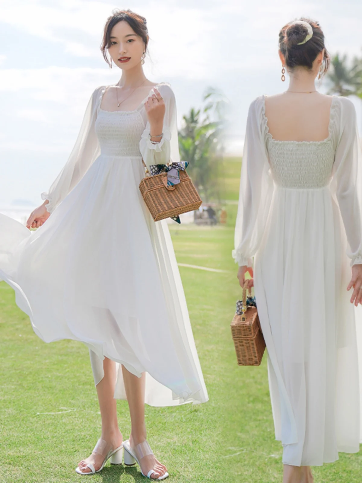 엘레 여름 비치 바캉스 롱 스커트 울트라 페어리 티 포레스트 시스템 스퀘어 칼라 롱 실크 쉬폰 슬리밍 드레스