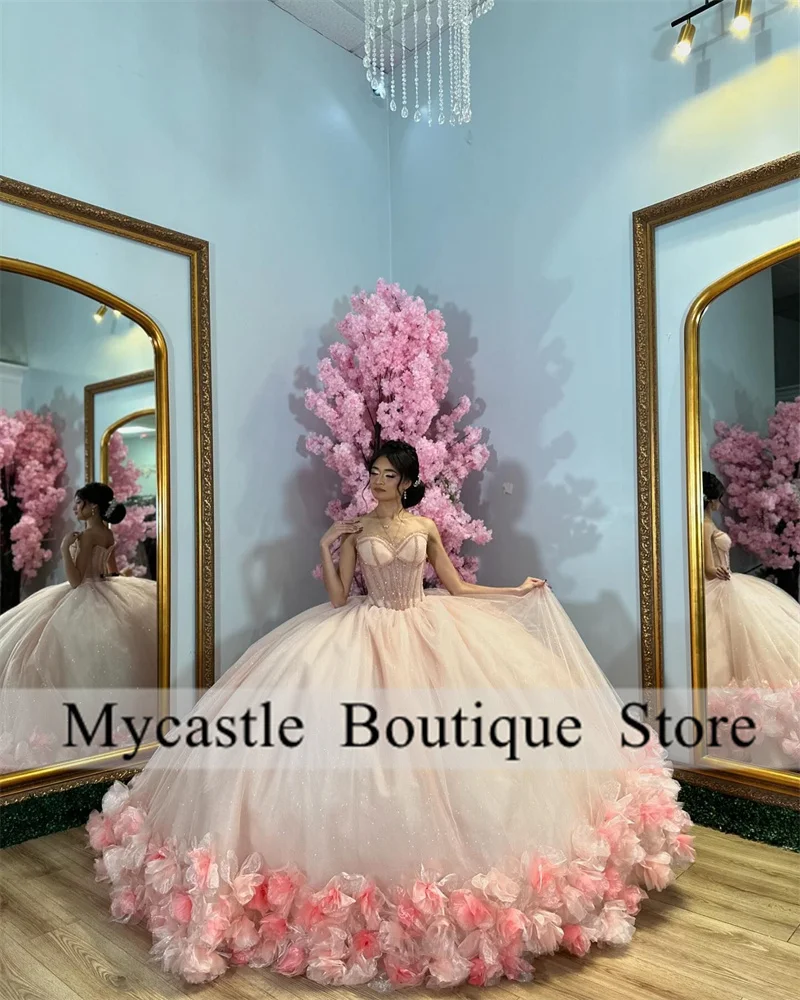 

Mexico Pink Tulle Beaded Quinceanera Dress Ball Gown 2025 Sweetheart 3D Flowers Birthday Party Dress Sweet 16 Dress Customized